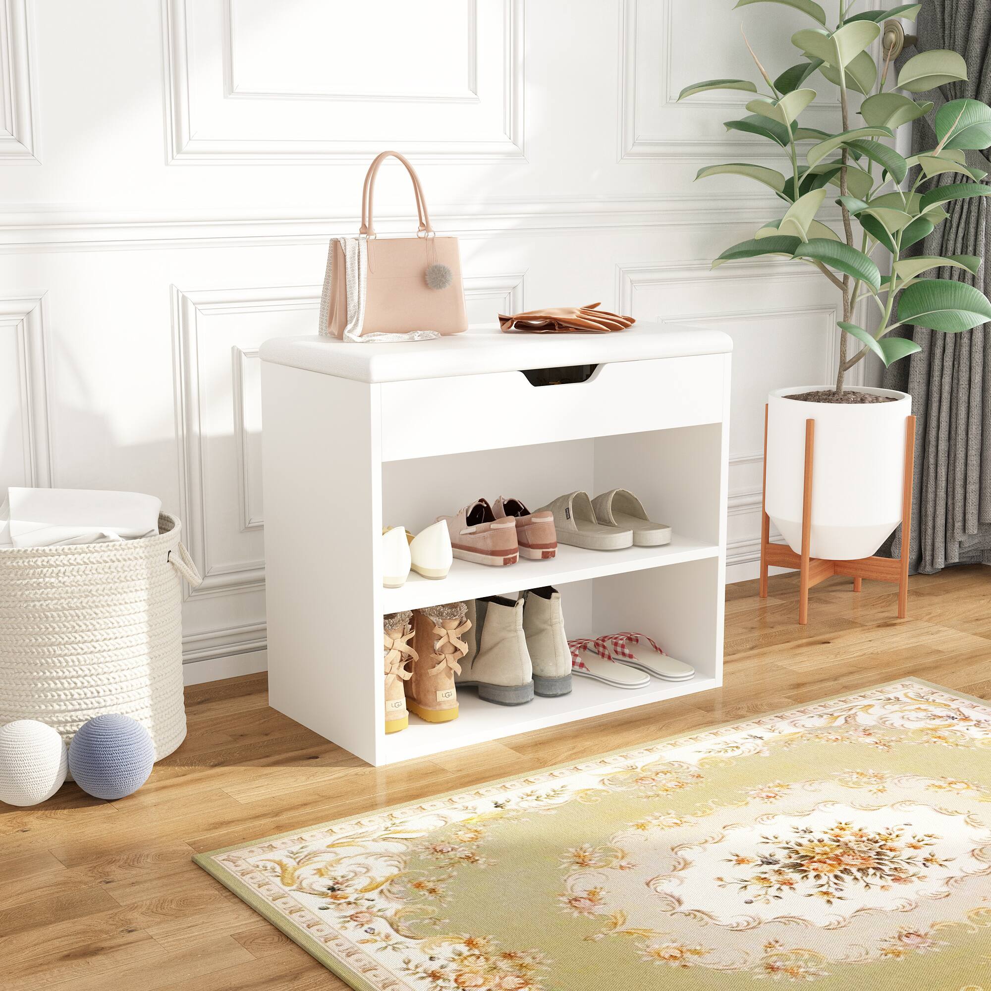 Angle. FUFU&GAGA - Small Shoe Bench with Storage Box and Rack – Space-Saving Entryway Organizer - White.