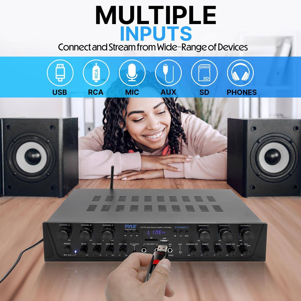 MULTIPLE INPUTS  
Connect and Stream from Wide-Range of Devices  

USB  
RCA  
MIC  
AUX  
SD  
PHONES  

PYLE  
PTAG68TS