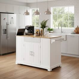 Forest'nSky - Kitchen Island with Trash Can Storage Cabinet, Power Outlet with 3 Drawers & 3 Side Racks - White