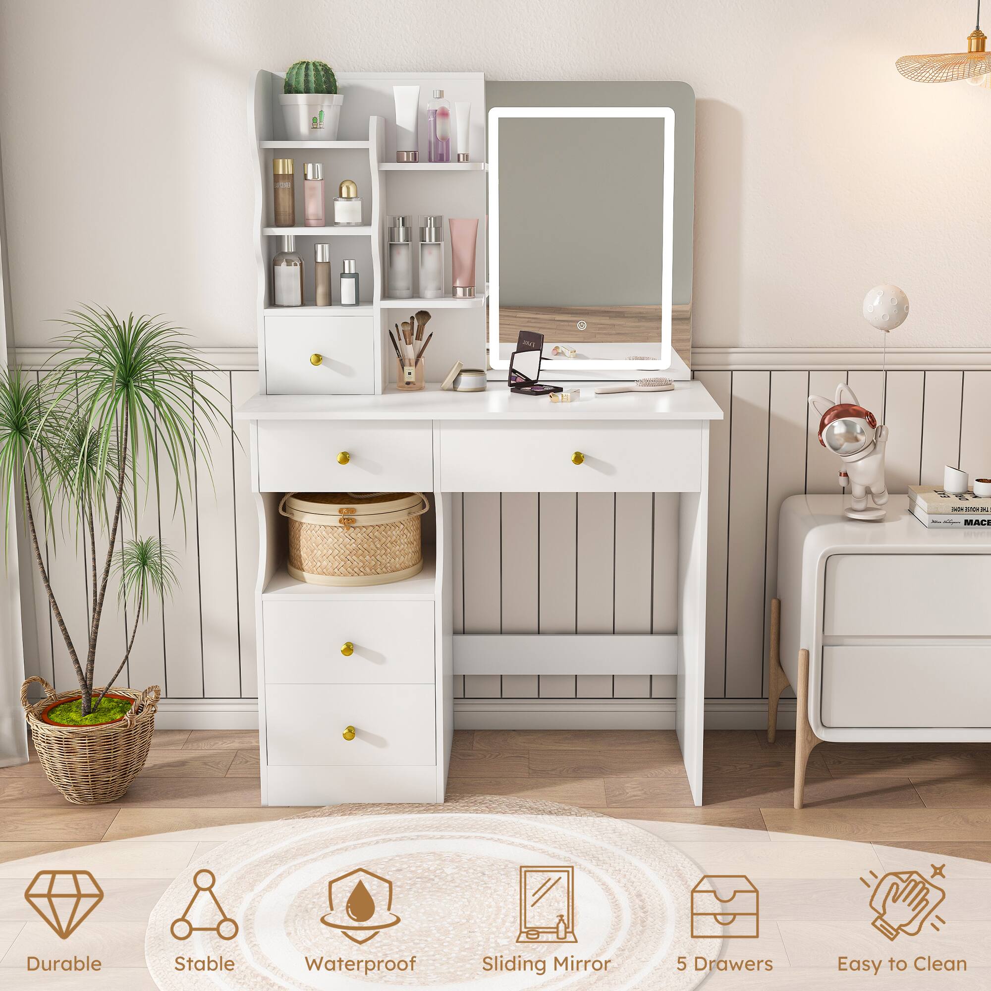- Durable
- Stable
- Waterproof
- Sliding Mirror
- 5 Drawers
- Easy to Clean