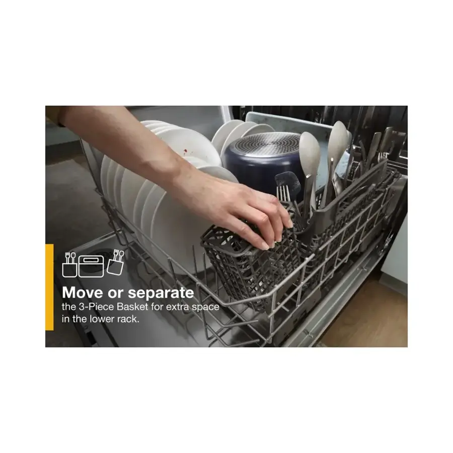 The image shows a person holding a dish rack with a 3-piece basket. The text on the image suggests that the person should move or separate the basket to create extra space in the lower rack. This would allow for more efficient use of the dishwashing area and make it easier to fit more dishes in the rack.