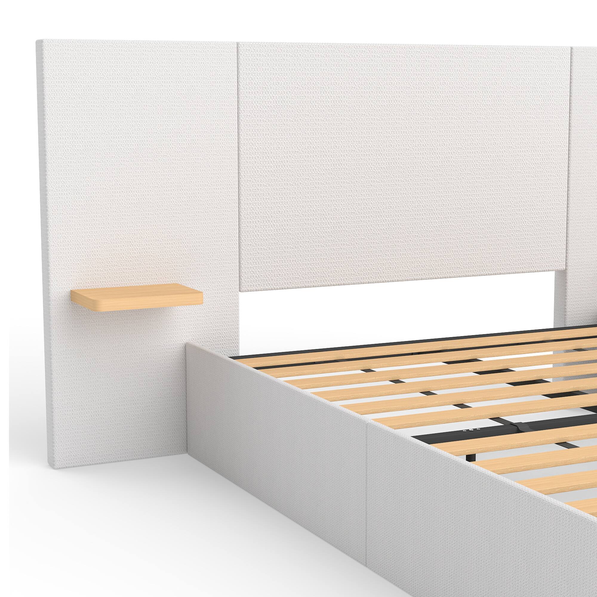 Alt View 3. Brick Attic - Upholstered Bed with Oversized Headboard & Side Shelves,Solid Wood Frame,Left & Right Storage for Phone and Books - White.