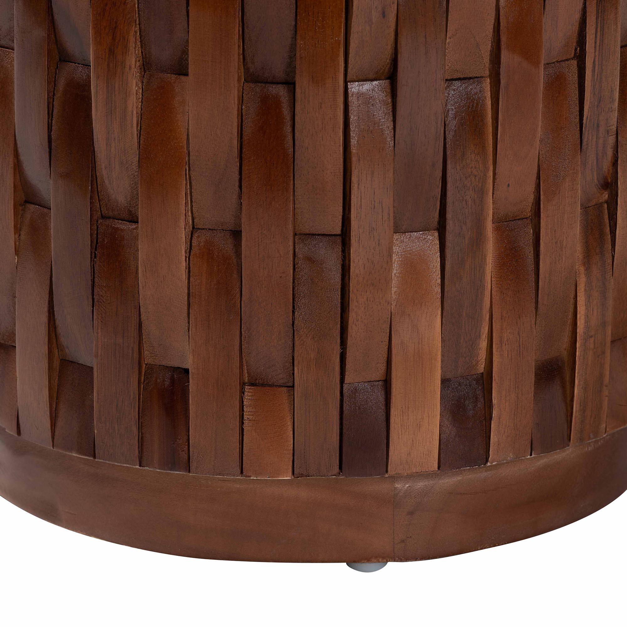 Left. bali & pari - Lavanya End Table with Petrified Wood Top - Drum Accent Side Table with Recycled Teak Wood Frame - Black/Cream/Antique Brown.