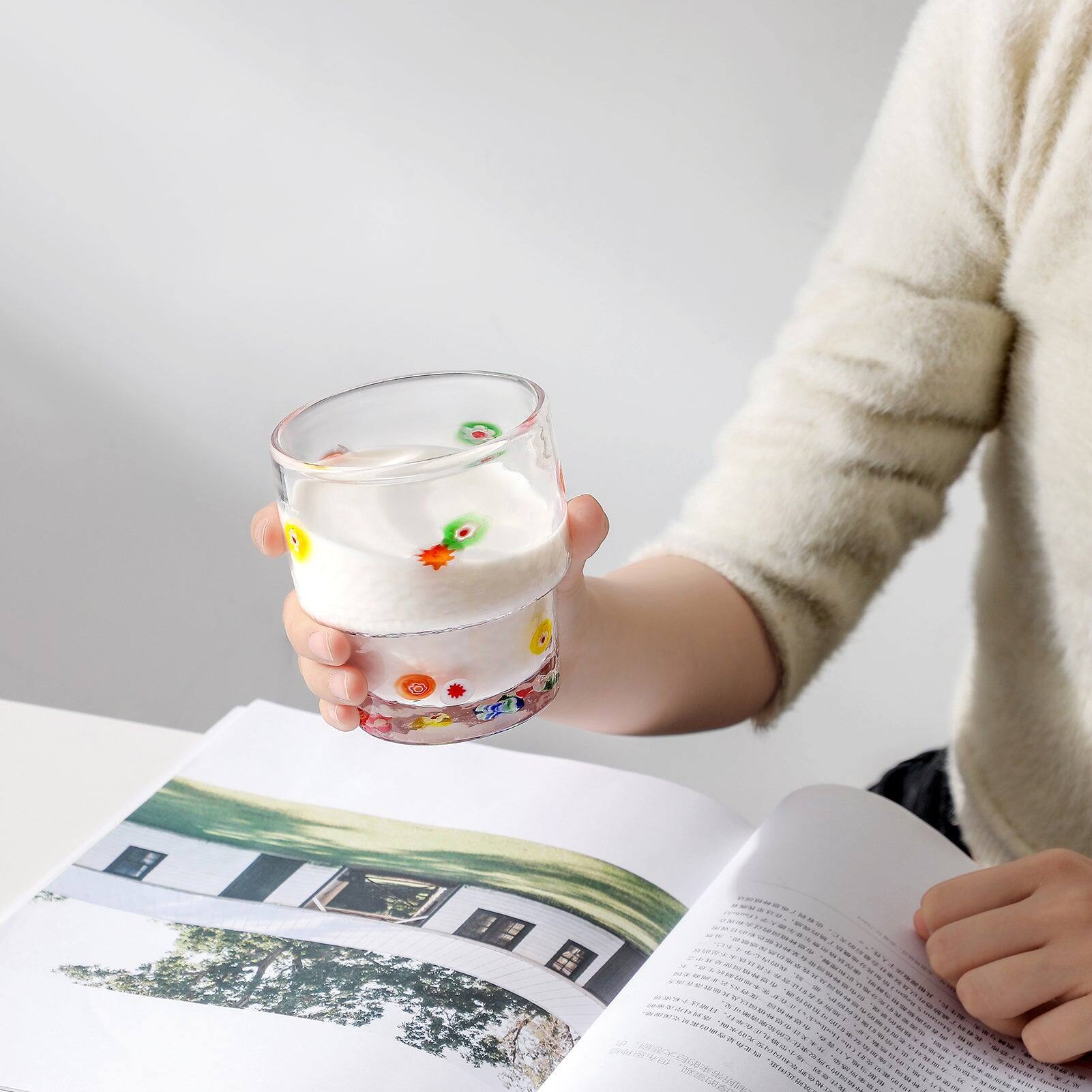 Back. BreeBe - Hand Blown Decal Tumbler Glasses set of 4, 13 oz - Clear.