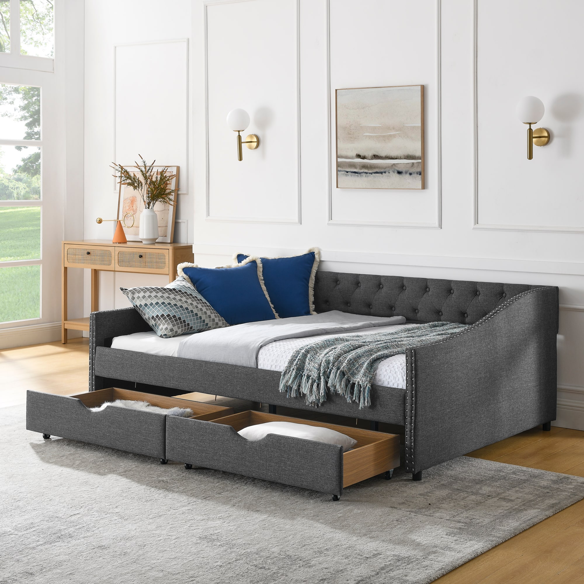 Tiramisubest - Full Size Daybed with Drawers Upholstered Tufted Sofa Bed, (80.5''x55.5''x27.5'') - DARK GREY