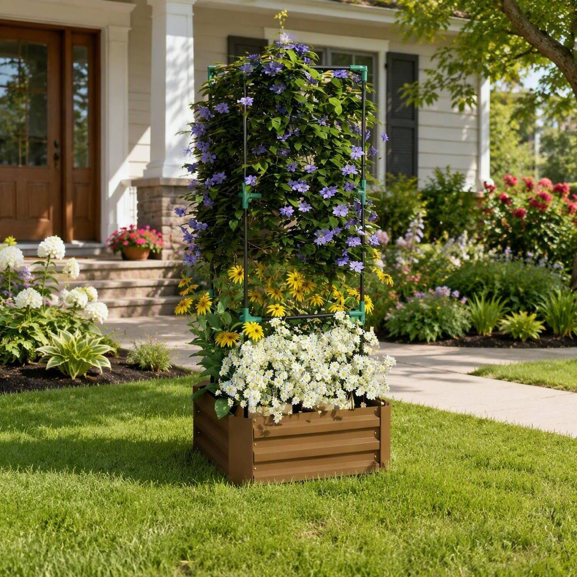 Alt View 1. RYHNUYNE - Galvanized Raised Garden Bed with Tomato Cage Trellis for Climbing Vines, 24x24x55 Inch Brown Metal Planter Box - Brown.