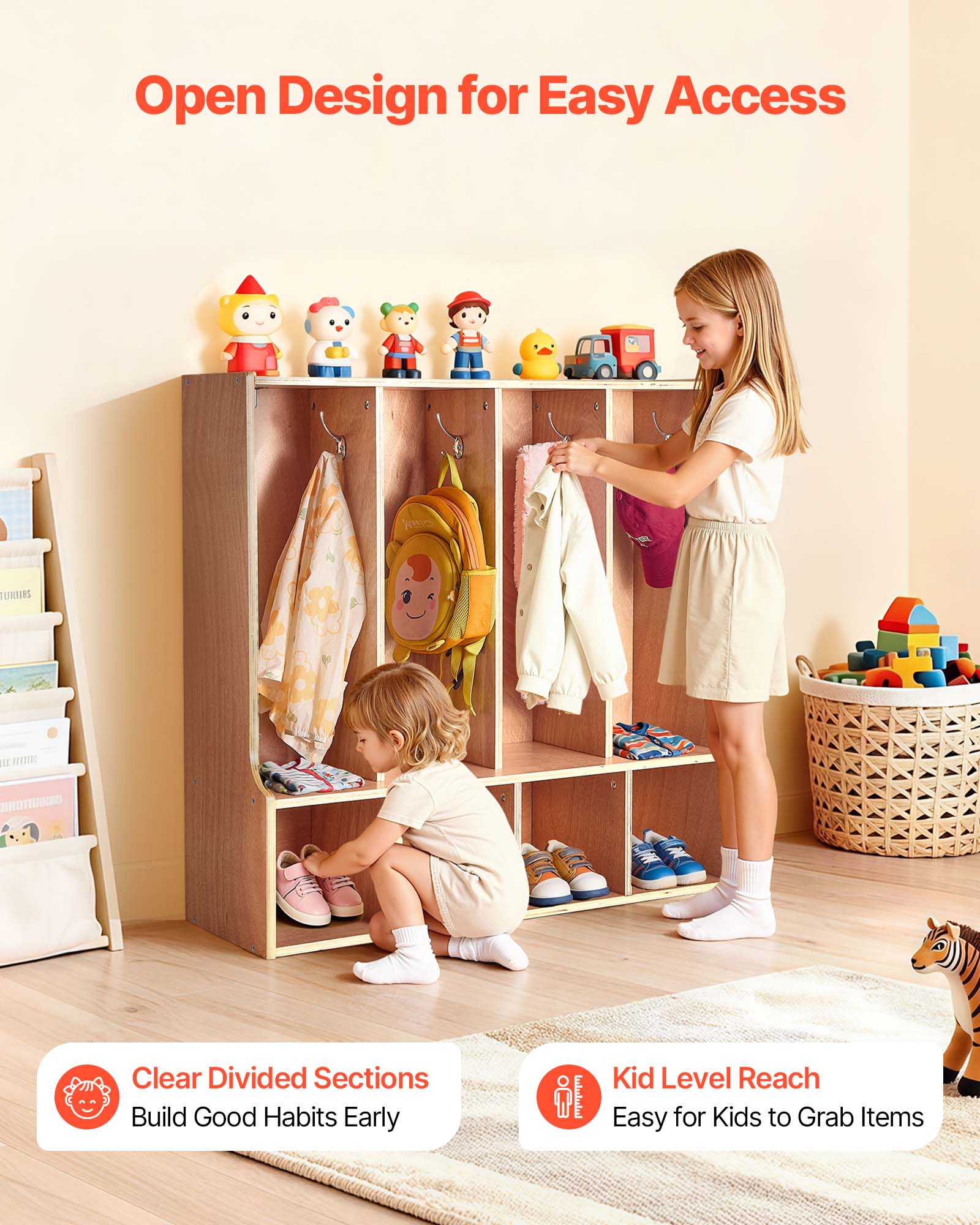 Open Design for Easy Access

Clear Divided Sections
Build Good Habits Early

Kid Level Reach
Easy for Kids to Grab Items