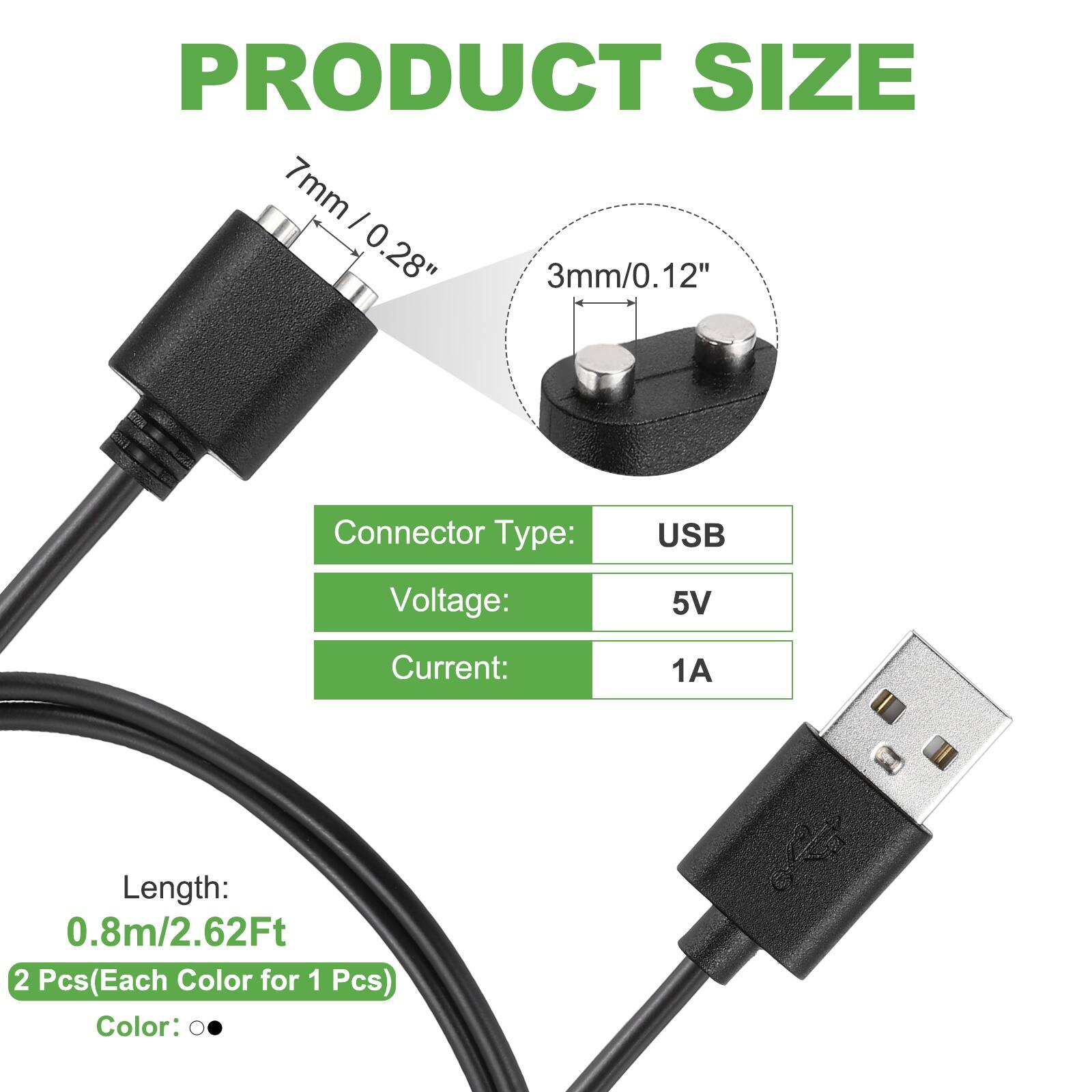 PRODUCT SIZE  
7mm/0.28"  
3mm/0.12"  

Connector Type: USB  
Voltage: 5V  
Current: 1A  

Length: 0.8m/2.62Ft  
2 Pcs (Each Color for 1 Pcs)  
Color: 00