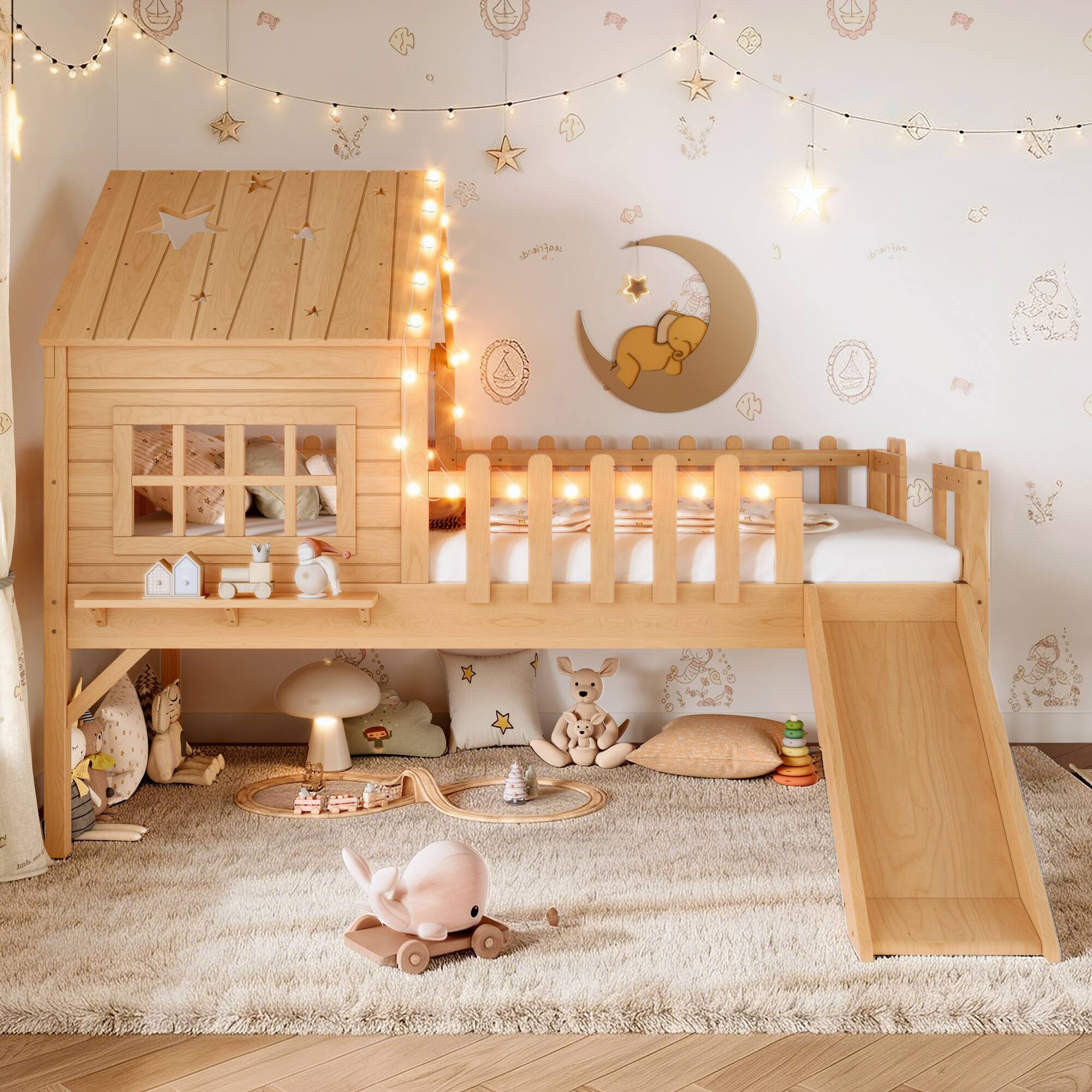 Alt View 1. Boyel Living - Twin Size House Loft Bed with Slide Playhouse Bed with Star Shaped Designs - Brown.
