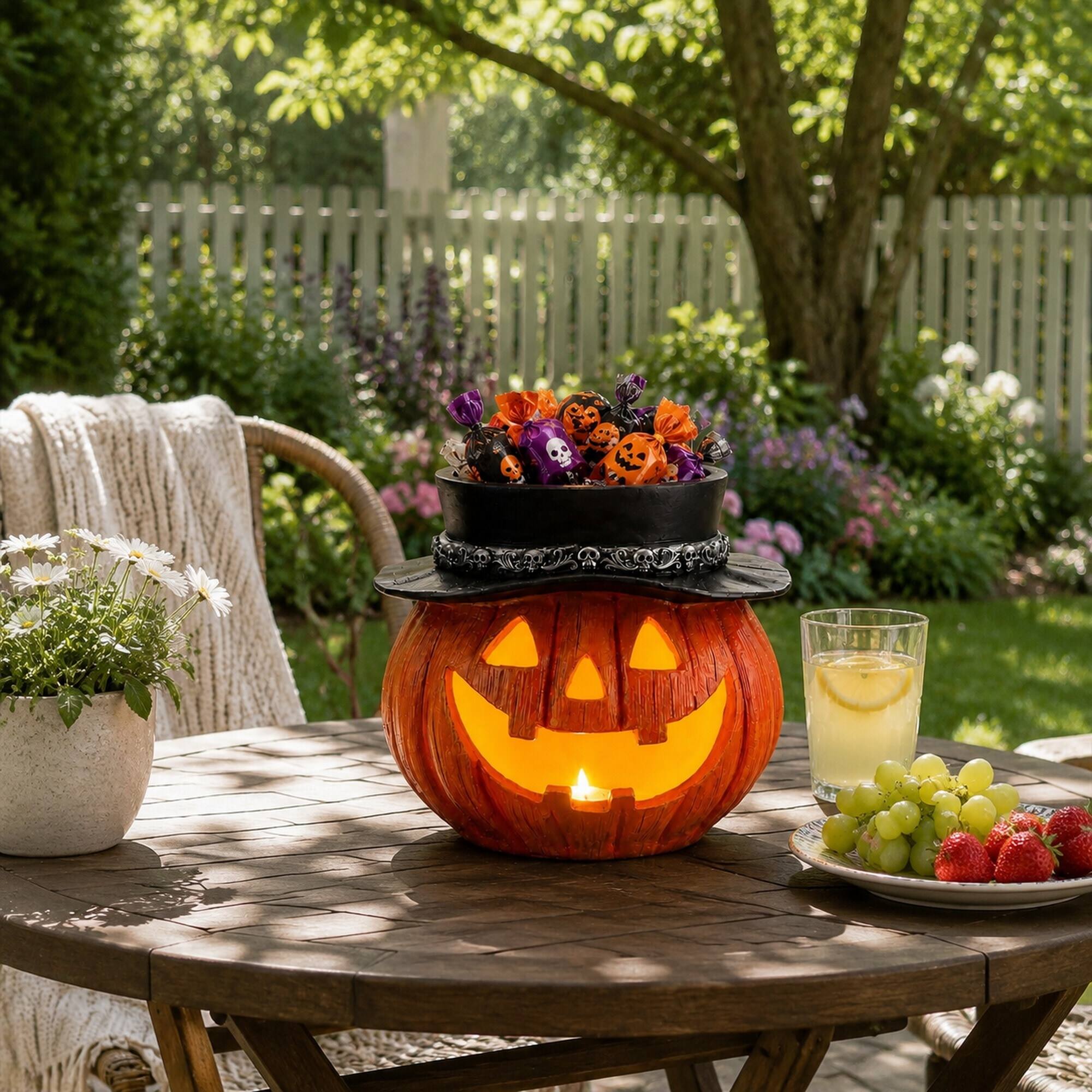 Alt View 2. RYHNUYNE - Halloween Pumpkin Candy Bowl with Witch Hat, Light Up Jack O Lantern Tabletop Storage for Spooky Home Party Decor - Yellow.