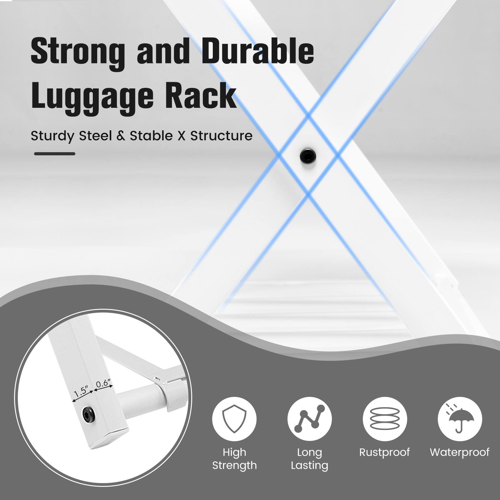 Strong and Durable Luggage Rack, Sturdy Steel & Stable X Structure, 0.6", 1.5", High Strength, Long Lasting, Rustproof, Waterproof