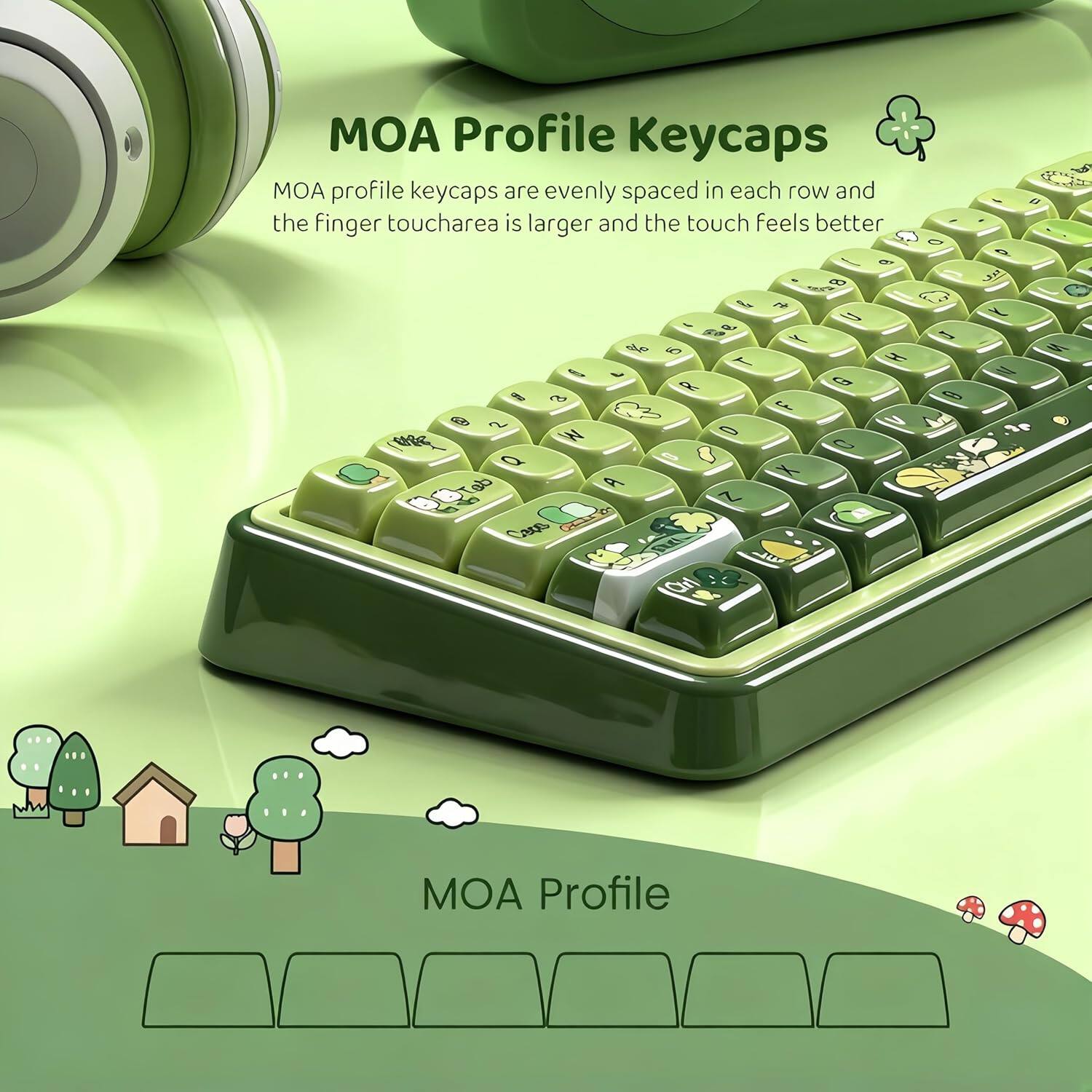 MOA Profile Keycaps

MOA profile keycaps are evenly spaced in each row and the finger touch area is larger and the touch feels better.