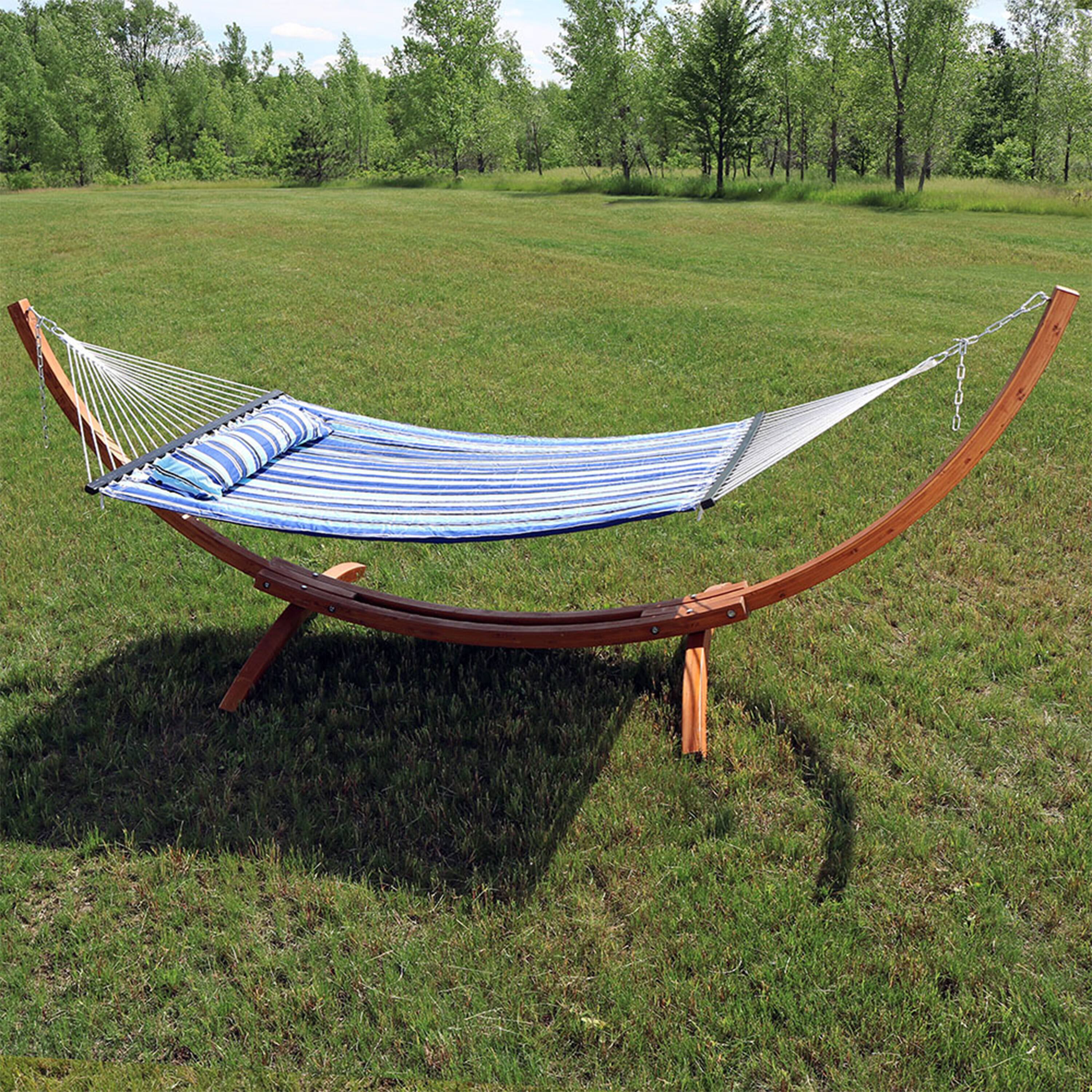 Alt View 4. Sunnydaze - Large Quilted Hammock with Curved Wooden Stand - Catalina Beach.