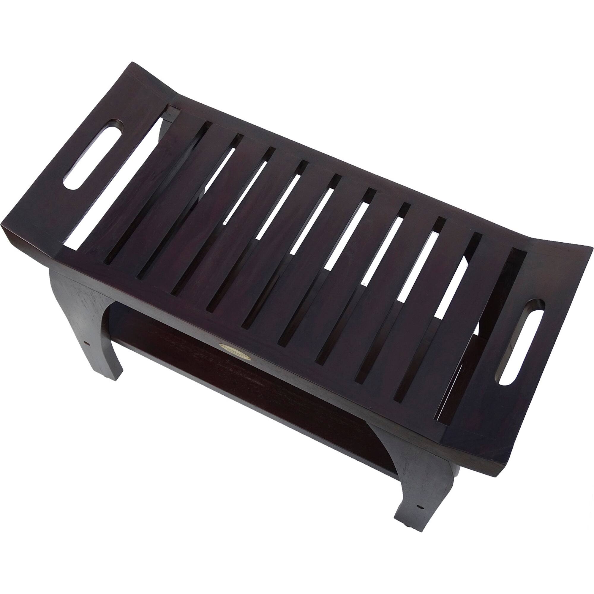 Left. DecoTeak - DecoTeak Tranquility 30" Teak Wood Shower Bench with Shelf and LiftAide Arms in Woodland Brown Finish - Woodland Brown.