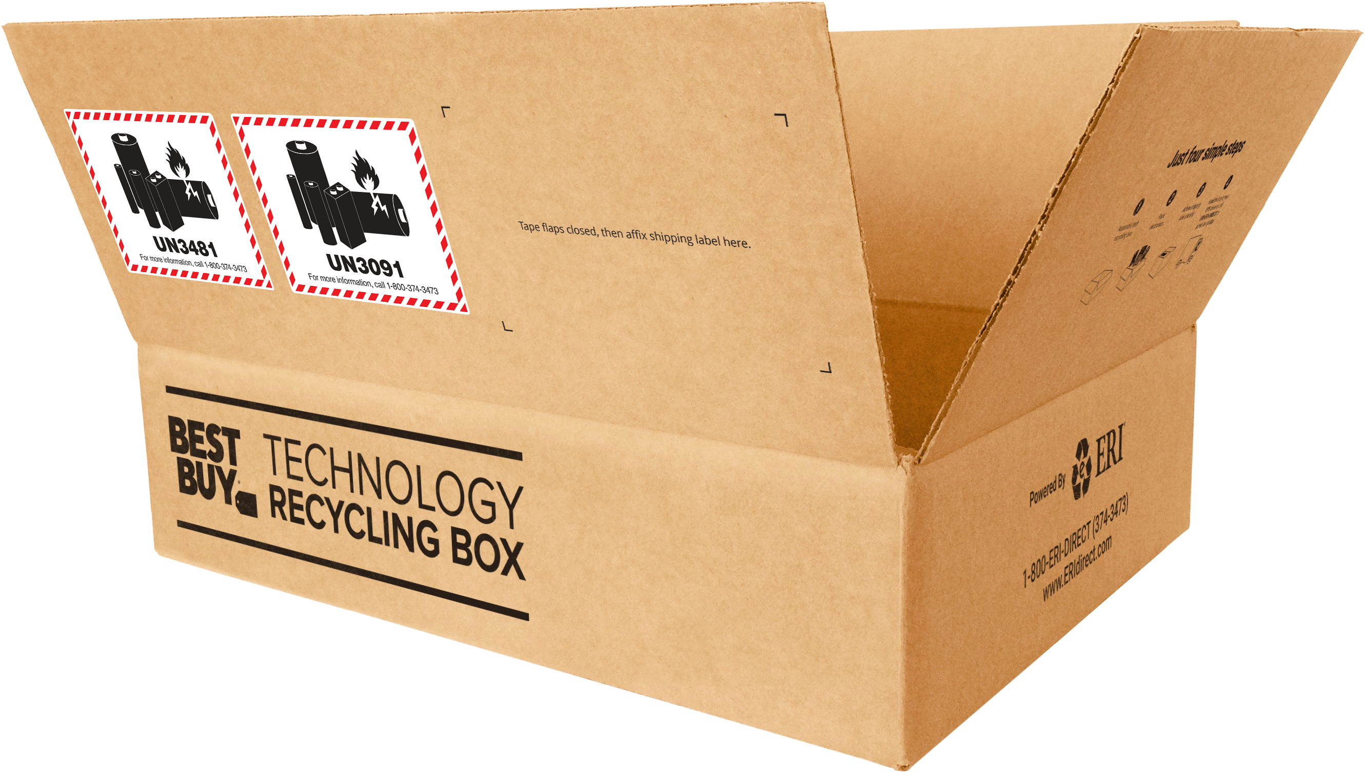 sthusplsps Aest hu siqp ses l UN3481 POTUR iiomation 1800-274-3073 For UN3091 O information, cal 14800-374-0473 Tape flaps closed, then affix shipping label here. BEST BUY TECHNOLOGY RECYCLING BOX pe ERT Powered B 1-800-ERH-DRECT(374-347) (374-30) www.ERlchrect.com