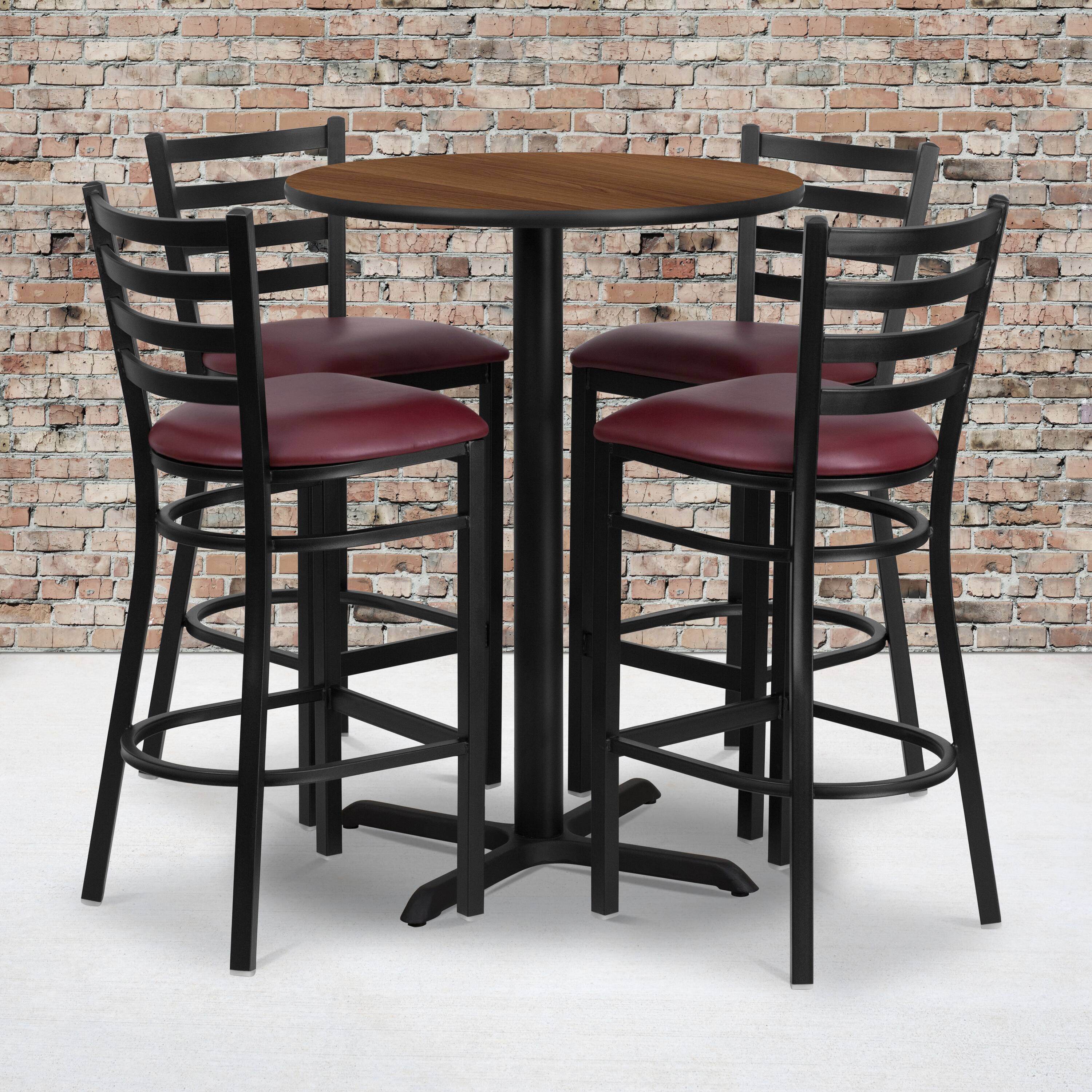 Alt View 1. Emma + Oliver - 30" Round Laminate Table Set with X-Base and 4 Ladder Back Stools - Walnut Top/Burgundy Vinyl Seat.