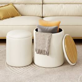 AOITUN - Ribbed Storage Ottoman Set with Reversible Tray Lid, 2-Piece Nesting Footstool for Living Room - Cream