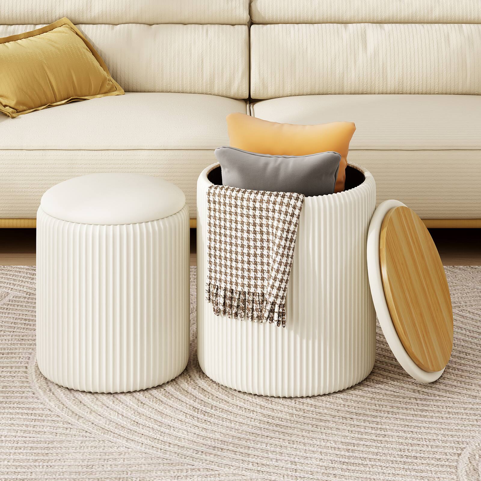 Front. AOITUN - Ribbed Storage Ottoman Set with Reversible Tray Lid, 2-Piece Nesting Footstool for Living Room, Cream - Cream.