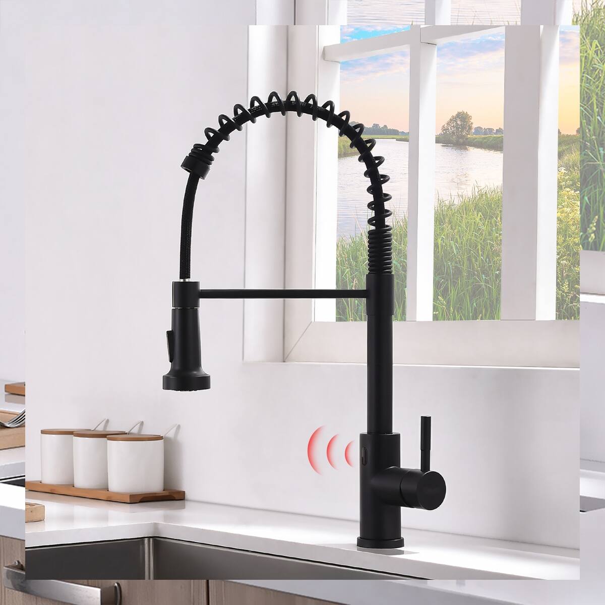 Alt View 1. Ropilly - Ropilly Touchless Kitchen Faucet with Pull Out Sprayer, Black Hands Free Kitchen Faucet, Single Handle - Black.