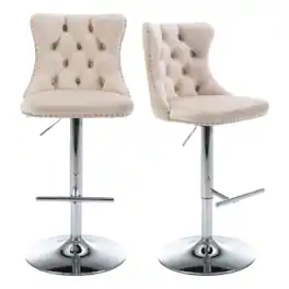 HTUTWOO - Adjustable Bar Stools Set of 2, Velvet Swivel Counter Height Chairs with Footrest, Chrome Nailhead for Kitchen, Pub - Beige