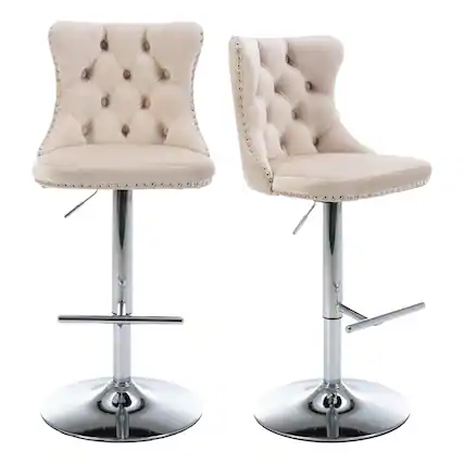 Front. HTUTWOO - Adjustable Bar Stools Set of 2, Velvet Swivel Counter Height Chairs with Footrest, Chrome Nailhead for Kitchen,Pub - Beige.