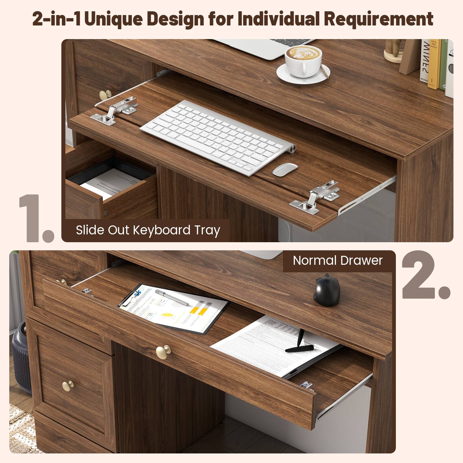 2-in-1 Unique Design for Individual Requirement

1. Slide Out Keyboard Tray  
2. Normal Drawer