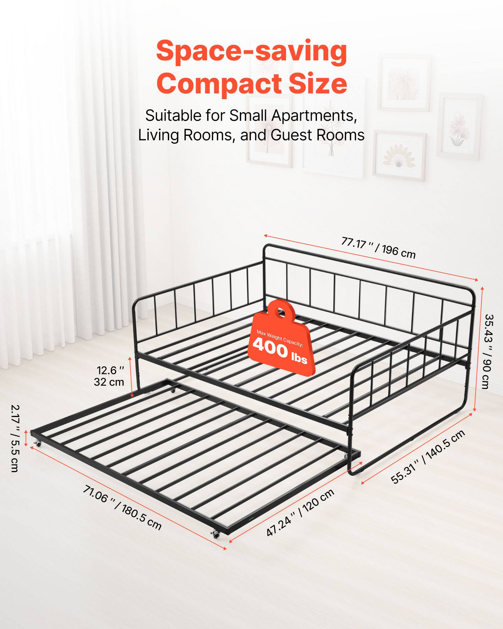 Space-saving Compact Size  
Suitable for Small Apartments, Living Rooms, and Guest Rooms  

- Length: 77.17" / 196 cm  
- Width: 71.06" / 180.5 cm  
- Height: 35.43" / 90 cm  
- Max Weight Capacity: 400 lbs  
- Height from Floor: 12.6" / 32 cm  
- Height of Guardrail: 2.17" / 5.5 cm  
- Depth: 47.24" / 120 cm  
- Width of Guardrail: 55.31" / 140.5 cm