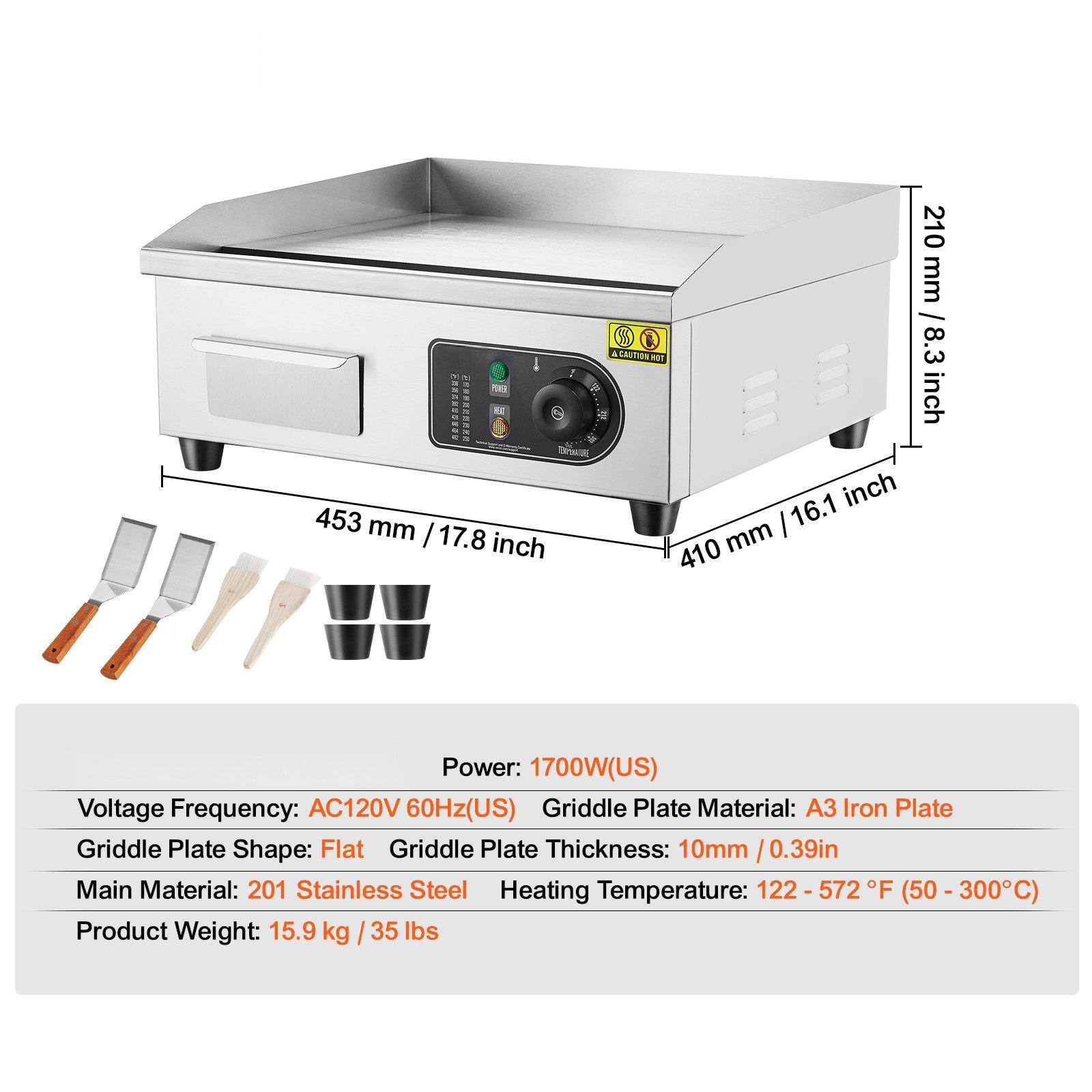 - **Dimensions:**
  - Width: 210 mm / 8.3 inch
  - Depth: 410 mm / 16.1 inch
  - Height: 453 mm / 17.8 inch

- **Power:**
  - 1700W (US)

- **Voltage Frequency:**
  - AC120V 60Hz (US)

- **Griddle Plate:**
  - Material: A3 Iron Plate
  - Shape: Flat
  - Thickness: 10mm / 0.39in

- **Main Material:**
  - 201 Stainless Steel

- **Heating Temperature:**
  - 122 - 572°F (50 - 300°C)

- **Product Weight:**
  - 15.9 kg / 35 lbs