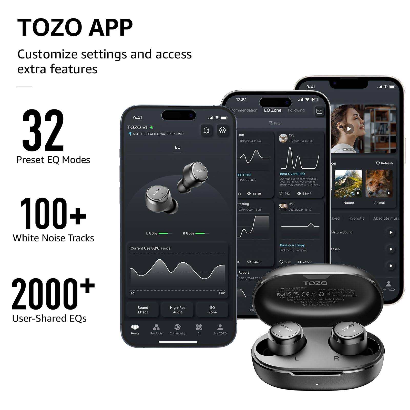 TOZO APP Customize settings and access extra features
32 Preset EQ Modes
100+ White Noise Tracks
2000+ User-Shared EQs

TOZO E1
5ATa S1 SEATTLE WH 08107-8200
EQ L 80% . 80%
Current Use EQ-Classical

9:41 13:51

Recommendation EQ Zone Following Filter
108 123 0/2004 1 s 018/2024
ECTION Best Overal
LN ese - - Jemn SENEN i er amating sharamess daspan - B sanes NI STBAT testing
168 //2024 2 00/12/2024 15 10 Bass-y . crispy we ru A - matas dt on Refresh Nature Animal aved Hypnotic Absolute musi Nature Sound Sasen

30 Sound Effect High-Res Audio
12.8K EG Zue . 245-00 Robert
03/23/2024 sha 1 Se8 -on TOZO
RoHS FC
Home Products Community - TO2 L