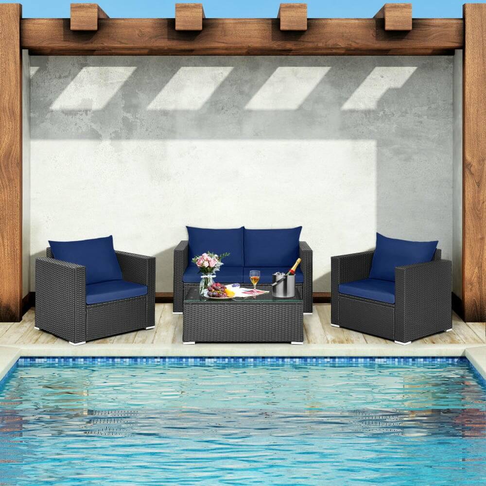 Back. Kadyn - Patio Furniture Sets,Outdoor & Patio Furniture Sets,4 Pieces Patio Rattan Conversation Set with Padded Cushions-Navy - Blue.