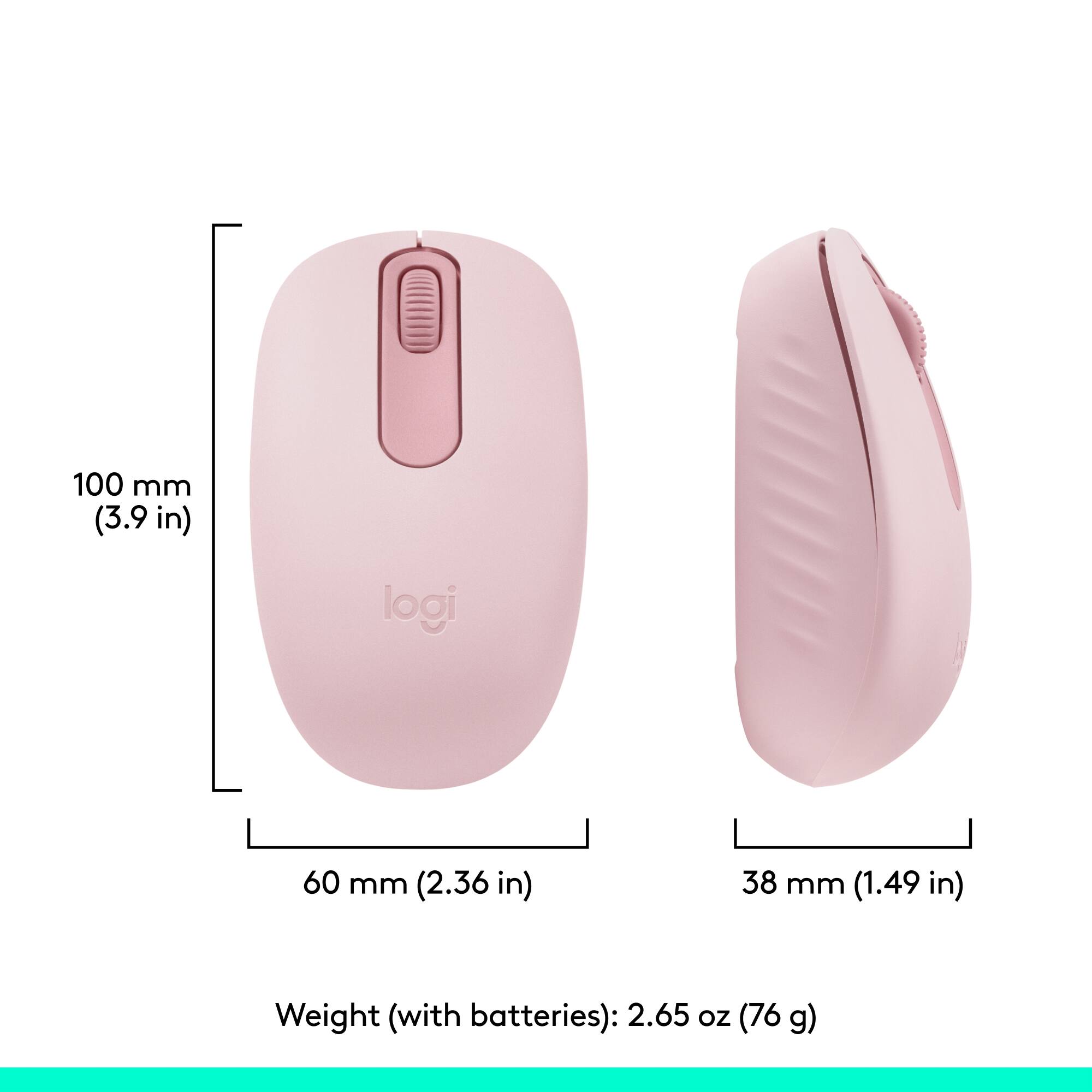 The image features a pink computer mouse and a pink computer mouse pad. The mouse is a Logi brand, and it measures 100 mm (3.9 in) in length. The mouse pad is also pink and measures 60 mm (2.36 in) in length. The weight of the mouse with batteries is 2.65 oz (76 g).