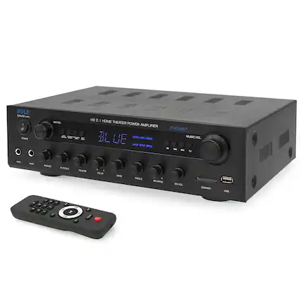 PYLE
HD 2.1 HOME THEATER POWER AMPLIFIER
PHDA6BT
MUSIC VOL
BALANCE
SW VOL
SD/MMC
USB
MIC VOL
MIC 1
MIC 2
M. BASS
M. TREBLE
REVERB
DELAY
BASS
TREBLE
POWER
PYLEUSA.com
BLUE
PHDA6BT