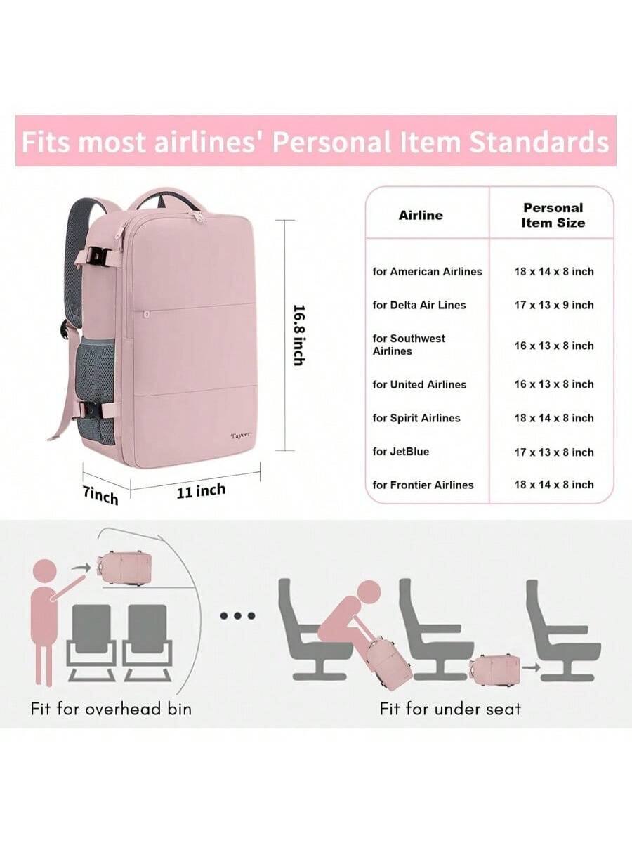 Fits most airlines' Personal Item Standards

Airline | Personal Item Size
--- | ---
for American Airlines | 18 x 14 x 8 inch
for Delta Air Lines | 17 x 13 x 9 inch
for Southwest Airlines | 16 x 13 x 8 inch
for United Airlines | 16 x 13 x 8 inch
for Spirit Airlines | 18 x 14 x 8 inch
for JetBlue | 17 x 13 x 8 inch
for Frontier Airlines | 18 x 14 x 8 inch

Fit for overhead bin

Fit for under seat