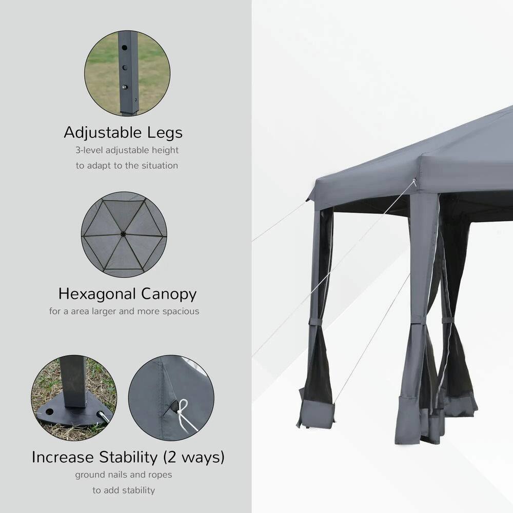 Adjustable Legs  
3-level adjustable height to adapt to the situation  

Hexagonal Canopy  
for a larger and more spacious area  

Increase Stability (2 ways)  
ground nails and ropes to add stability