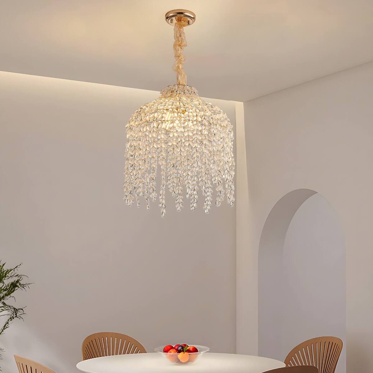 Back. Loheer - Loheer 5-Light Crystal Pendant Chandelier, Gold Waterfall Design, 16-Inch Ceiling Fixture.