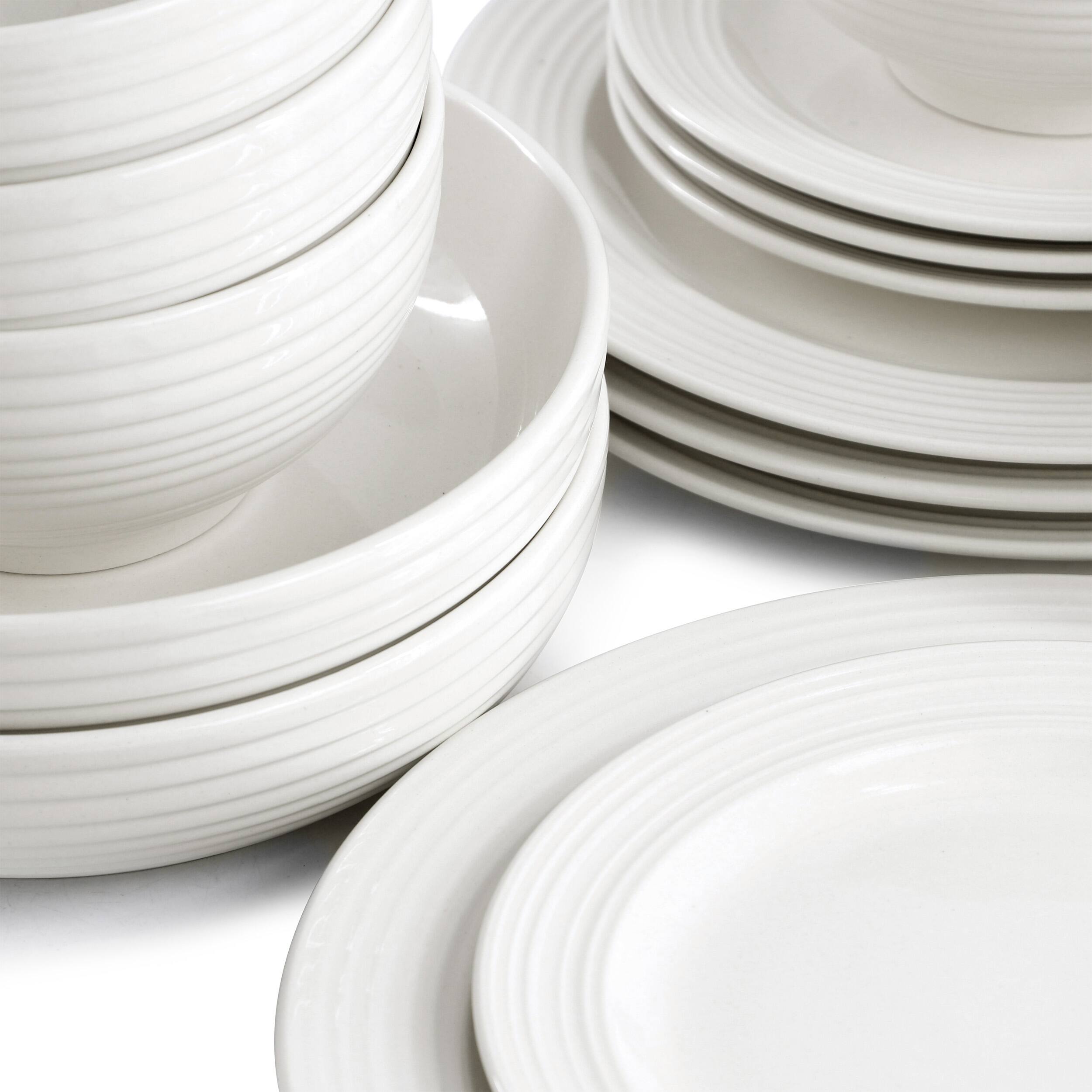 Alt View 5. Elama - Elama Nikki 18 Piece Ribbed White Porcelain Dinnerware and Serving Bowl Set - White.