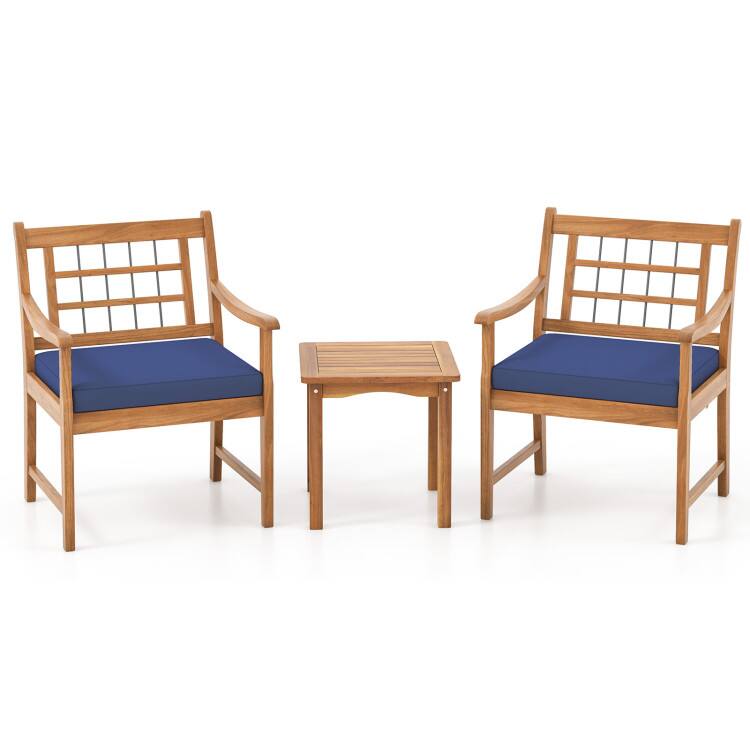Front. SlickBlue - Patio Furniture Set 3-Piece with Acacia Wood Frame and Cushioned Seats - Navy.