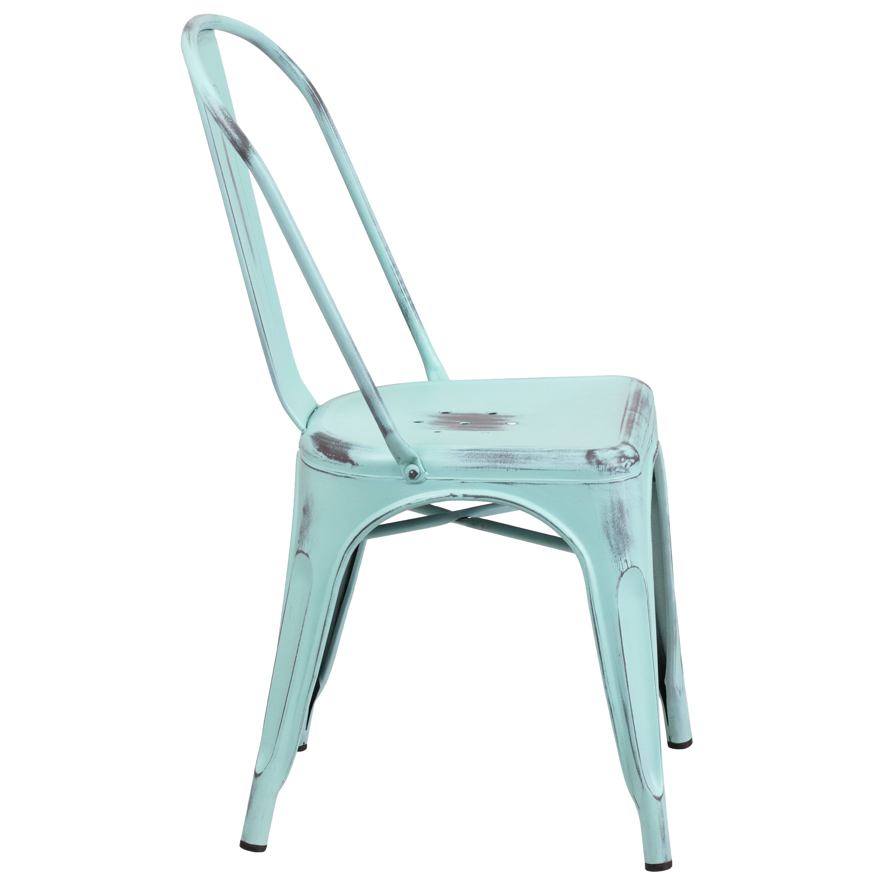 Alt View 6. Emma + Oliver - Commercial Grade Distressed Colorful Metal Indoor-Outdoor Stackable Chair - Green-Blue.