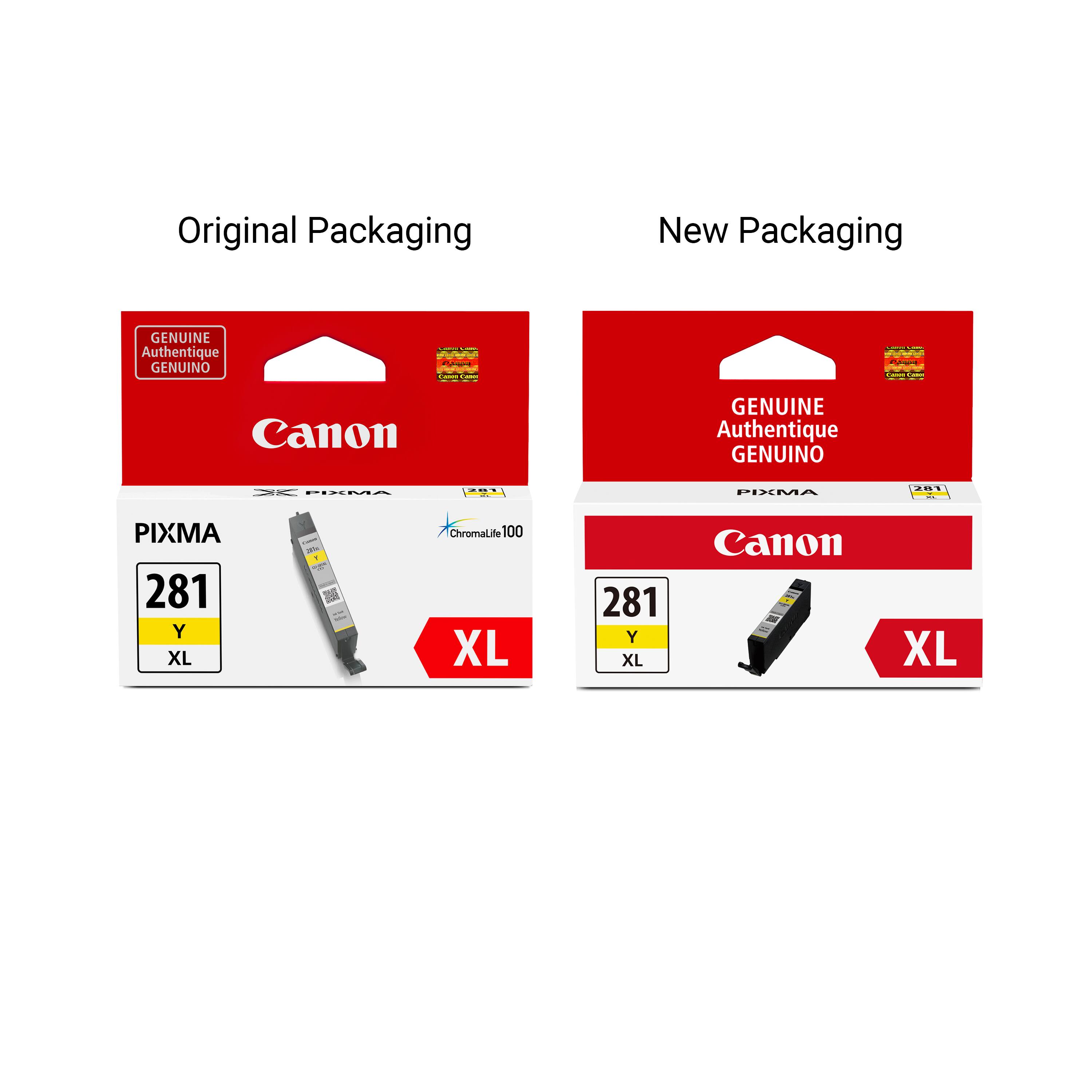 Original Packaging  
New Packaging  

GENUINE Authentique GENUINO  
Canon  

PIXMA 281 Y XL - Chromalife 100 XL  

281 Y XL  

XL