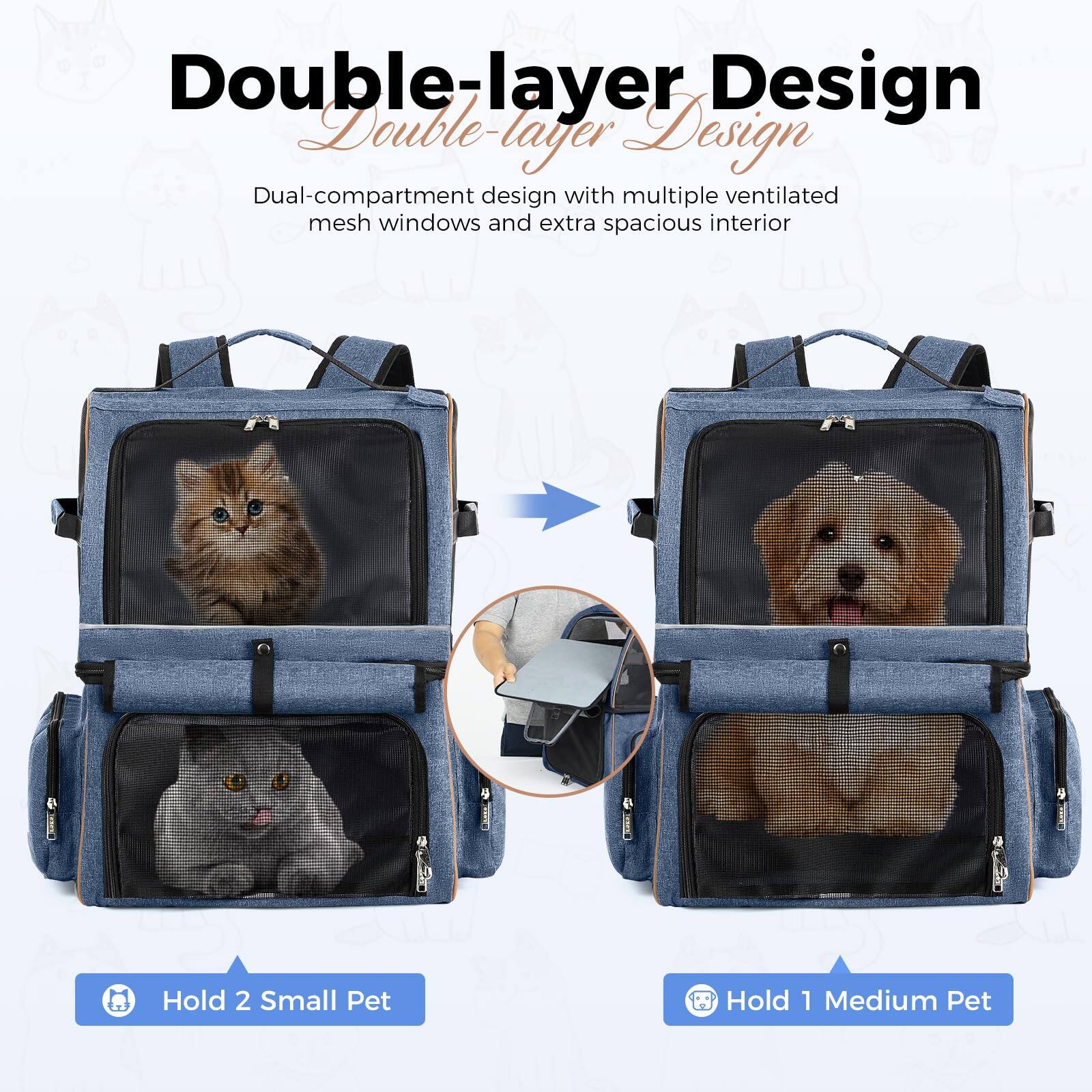 Double-layer Design  
Double-layer Design  
Dual-compartment design with multiple ventilated mesh windows and extra spacious interior  

Hold 2 Small Pet  
Hold 1 Medium Pet