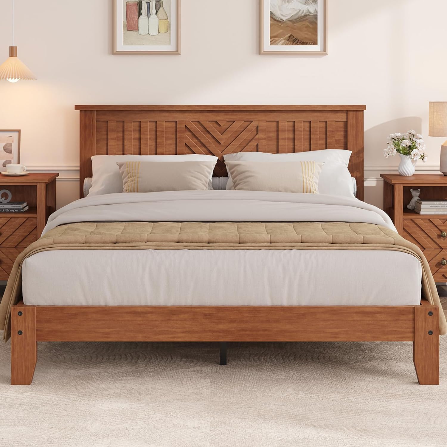 Front. Qeetex - Queen Size Wooden Platform Bed Frame with Headboard, Slat Support, No Box Spring Needed, Easy Assembly - Natural.