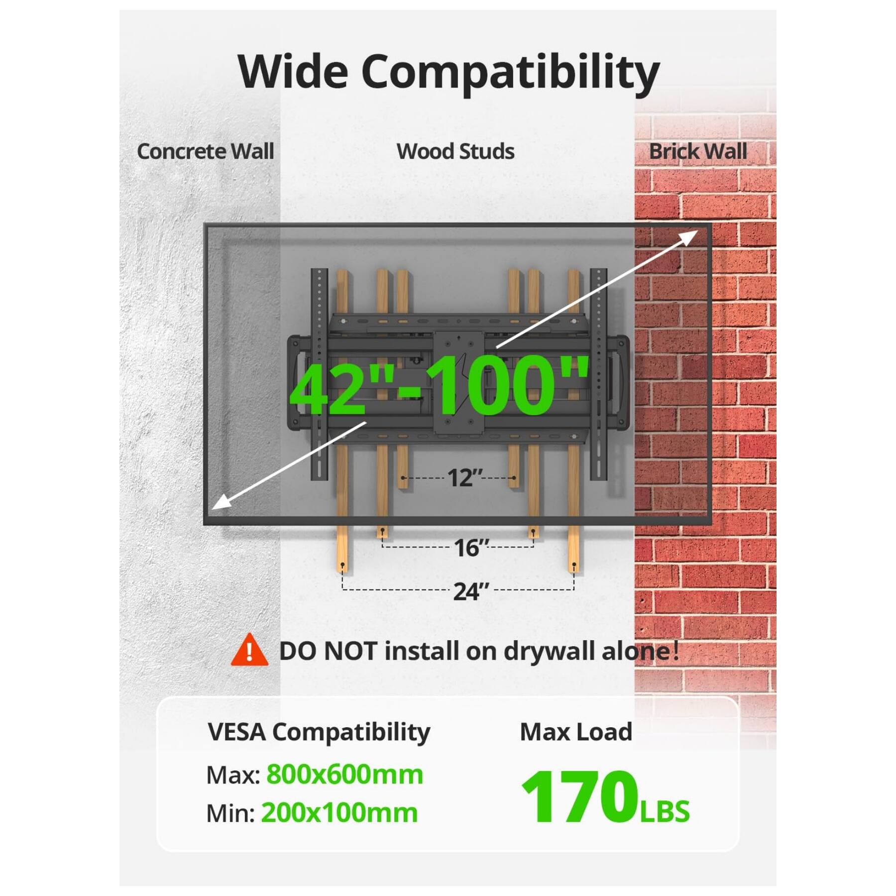 Wide Compatibility: Concrete Wall, Wood Studs, Brick Wall  
42"-100"  
12"  
16"  
24"  
DO NOT install on drywall alone!  
VESA Compatibility: Max: 800x600mm, Min: 200x100mm  
Max Load: 170 LBS