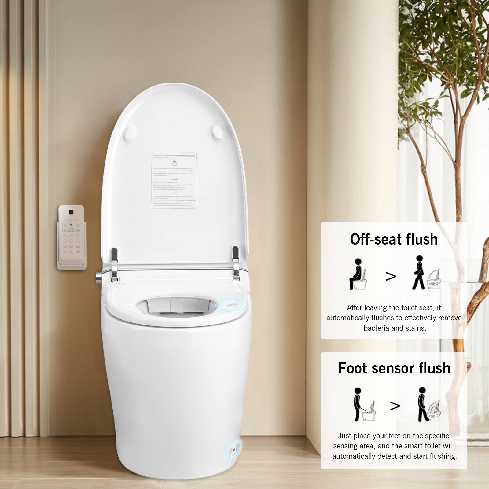 Off-seat flush  
After leaving the toilet seat, it automatically flushes to effectively remove bacteria and stains.

Foot sensor flush  
Just place your feet on the specific sensing area, and the smart toilet will automatically detect and start flushing.