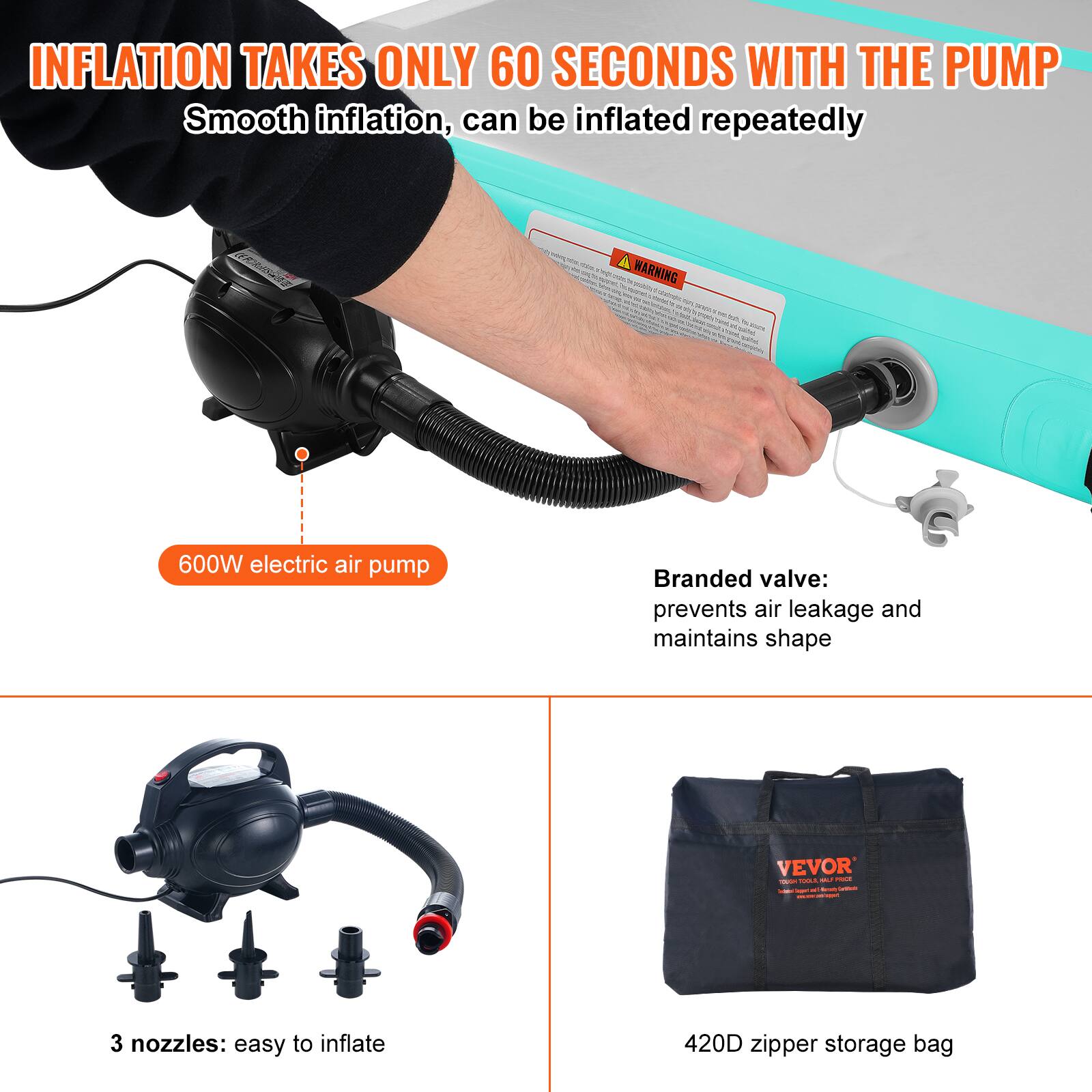 INFLATION TAKES ONLY 60 SECONDS WITH THE PUMP
Smooth inflation, can be inflated repeatedly
600W electric air pump
Branded valve: prevents air leakage and maintains shape
3 nozzles: easy to inflate
420D zipper storage bag