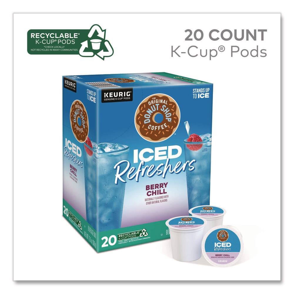 RECYCLABLE K-CUP PODS  
CHECK LOCALLY  
NOT RECYCLED IN MANY COMMUNITIES  

20 COUNT K-Cup® Pods  

KEURIG STANDS UP TO ICE  

ICED Refreshers  
BERRY CHILL  
NATURALLY FLAVORED WITH OTHER NATURAL FLAVORS  

THE ORIGINAL DONUT SHOP COFFEE  

RECYCLABLE K-CUP PODS  
CHECK LOCALLY  
NOT RECYCLED IN MANY COMMUNITIES