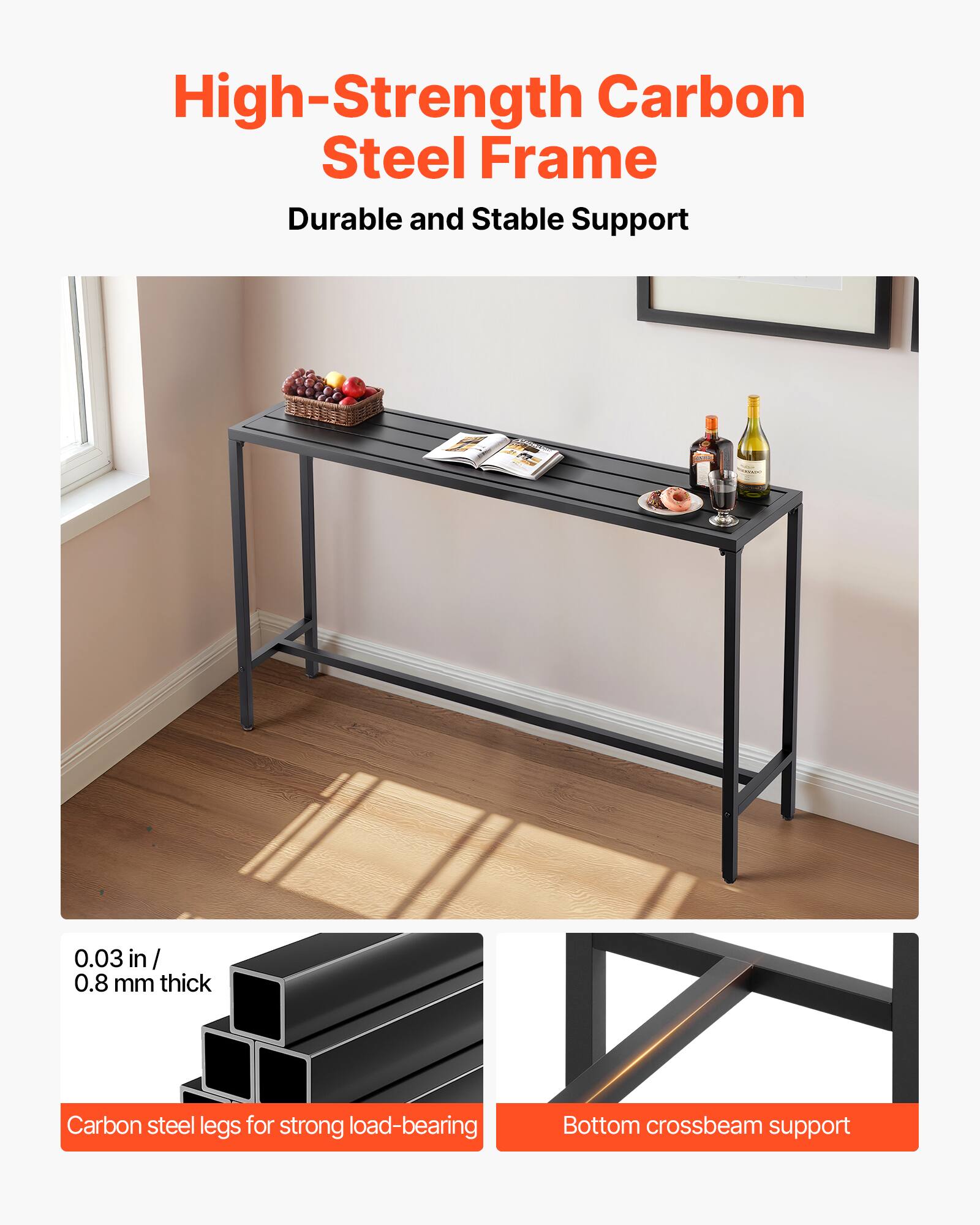 High-Strength Carbon Steel Frame  
Durable and Stable Support  

0.03 in / 0.8 mm thick  
Carbon steel legs for strong load-bearing  

Bottom crossbeam support