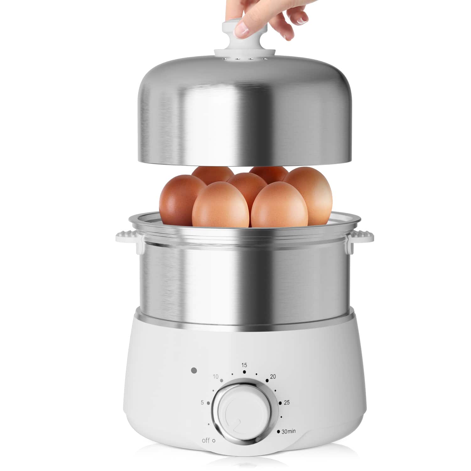 KEINVE - 14 Egg Stainless Steel Electric Egg Steamer Cooker with Timer, Auto Shut-Off, Measuring Cup & Egg Rack - White