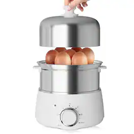 KEINVE - 14 Egg Stainless Steel Electric Egg Steamer Cooker with Timer, Auto Shut-Off, Measuring Cup & Egg Rack - White