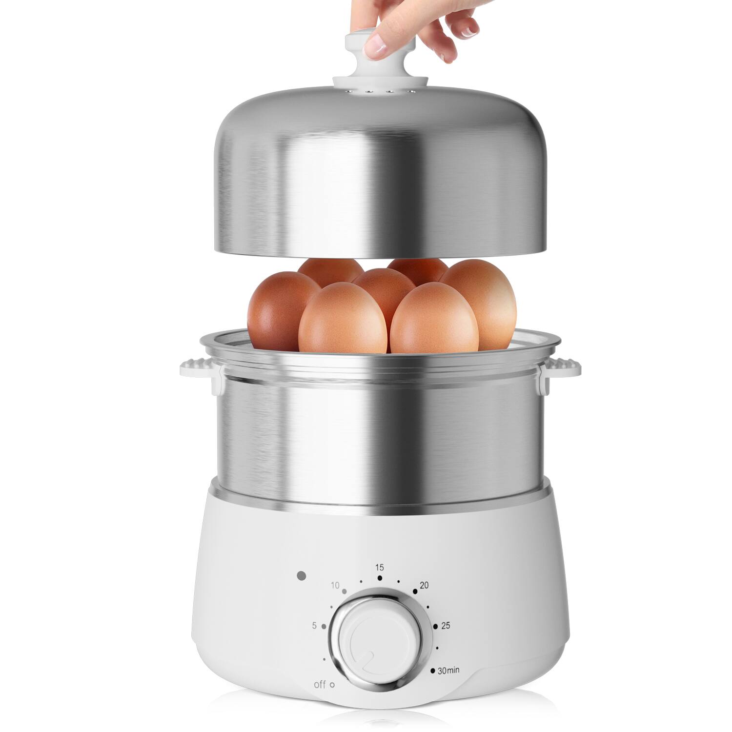 KEINVE - 14 Egg Stainless Steel Electric Egg Steamer Cooker with Timer, Auto Shut-Off, Measuring Cup & Egg Rack - White
