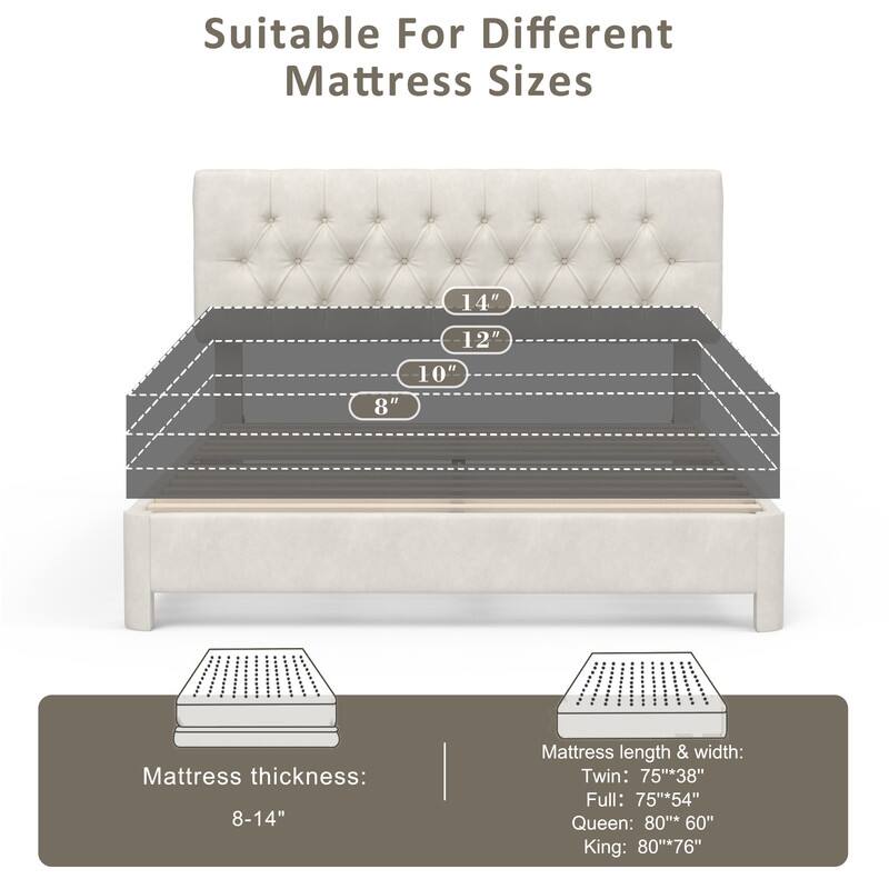 Suitable For Different Mattress Sizes

14" 12" 10" 8"

Mattress thickness: 8-14"

Mattress length & width:
Twin: 75"*38"
Full: 75"*54"
Queen: 80"*60"
King: 80"*76"